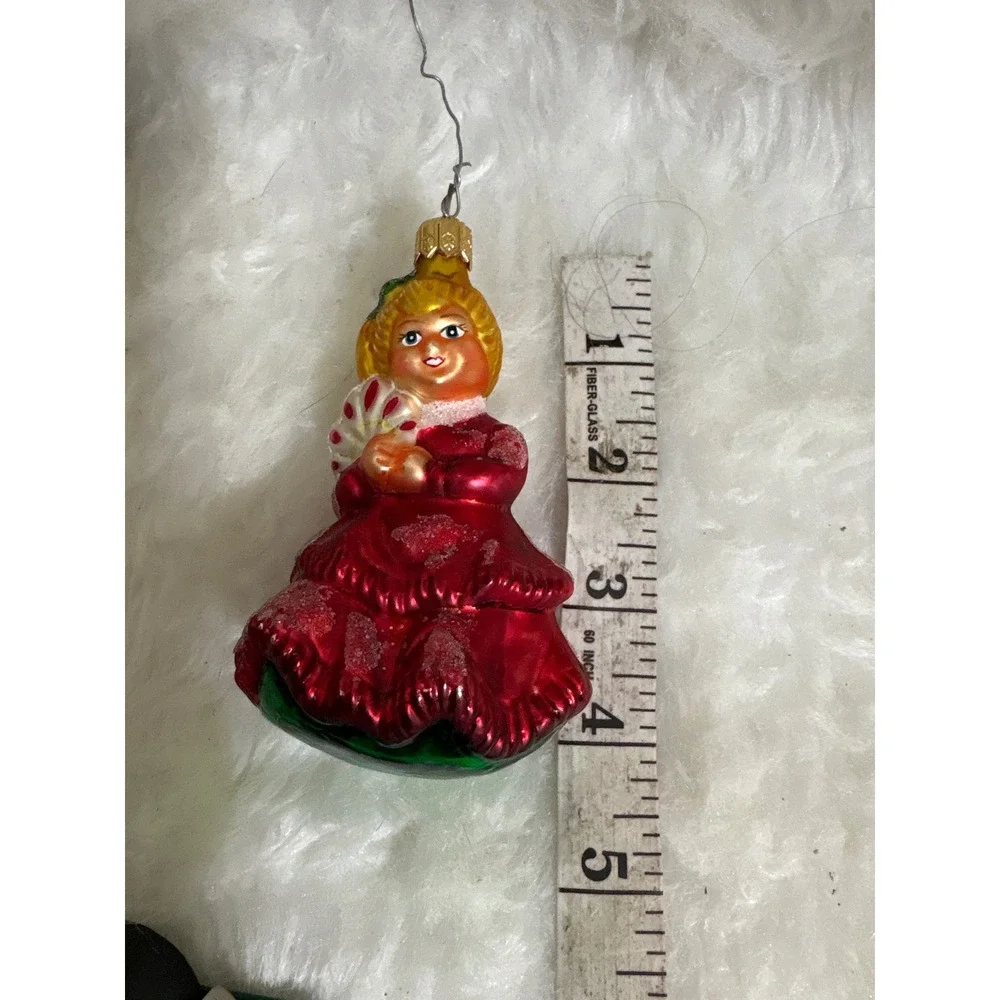 Vintage Blown Glass Girl Ornament Red Dress Victorian Lady Christmas Fan Decor